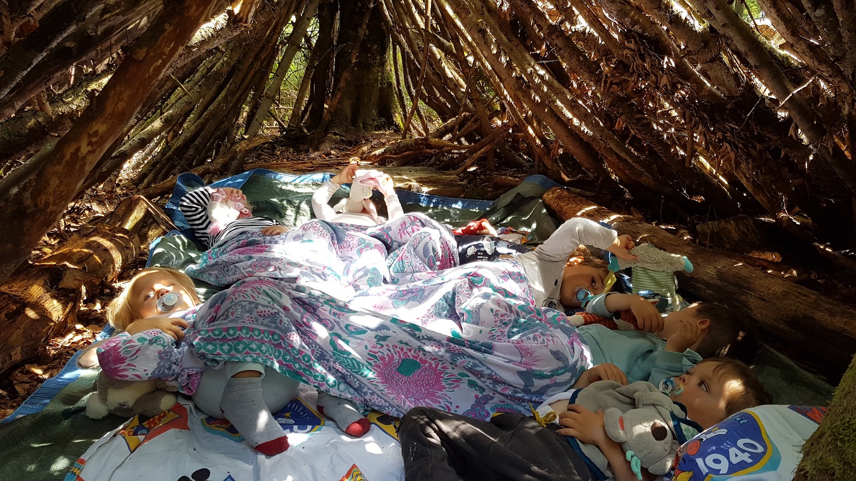 Aux Diablotins, lors de la crèche buissonnière, les petits font la sieste dans la cabane, en pleine forêt