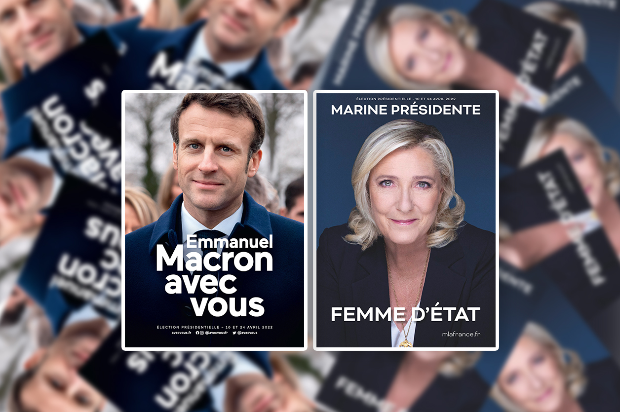 Affiches de campagne Emmanuel Macron et Marine Le Pen