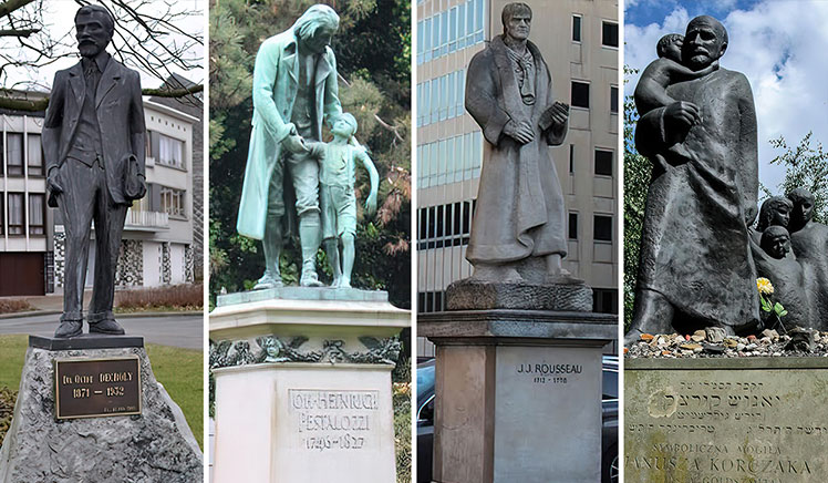 statues de Rousseau, Pestalozzi, Decroly et Korczak