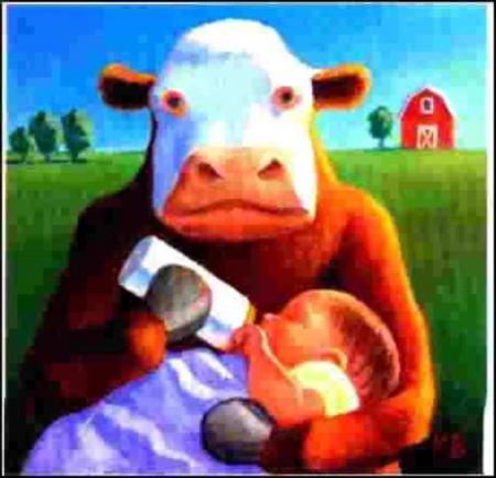Vache qui donne un biberon à un bébé